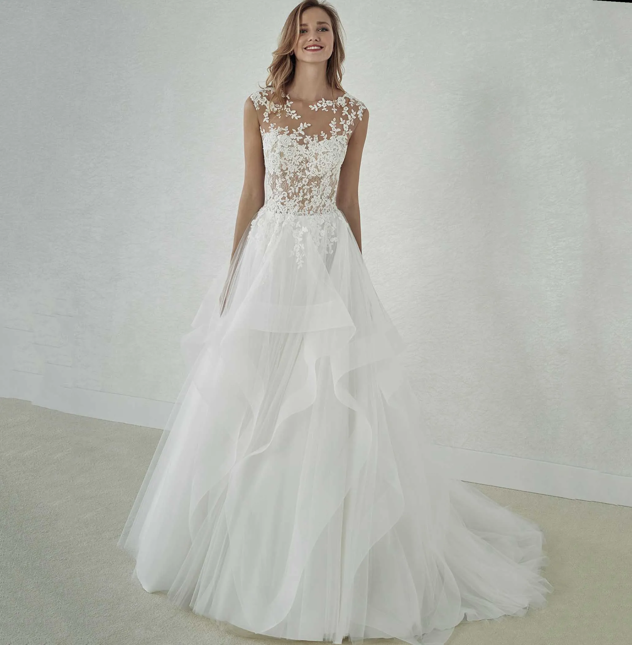 

Cap Sleeve Bohemian Wedding Dresses Illusion A-Line Lace Appliques Tulle Ruffles Beach Bride Dress Vestido De Noiva Custom Made