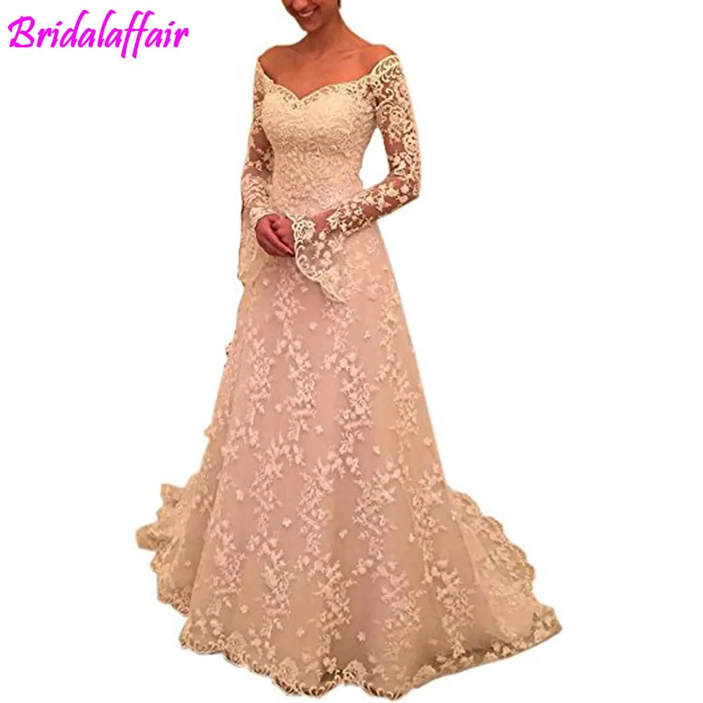 

A Line Lace Wedding Dresses Long Sleeves Wedding Gowns vestido de noiva long robe de mariee Backless Gown For Bride
