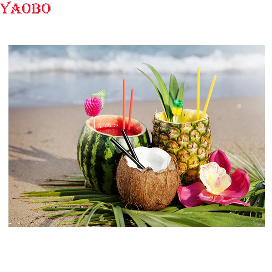 full square drill 5d diy diamond painting still life home decorative mosiac embroidery Watermelon pineapple drink fruit | Дом и сад