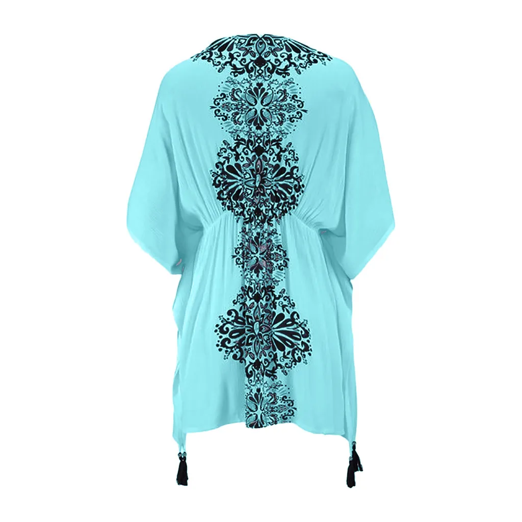 CHAMSGEND, женская блузка с эластичным поясом и рукавом, с принтом, богемное бикини, купальник, блуза, солнцезащитная, модная одежда, пляжная юбка - Цвет: Синий