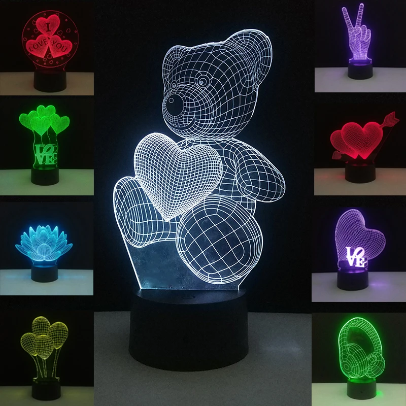3D illusion Bear LED Night Light Touch Switch Table 7Color Bedroom USB Lamp Gift 