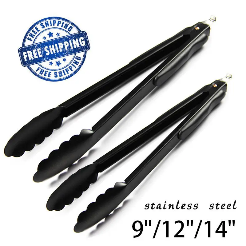Black Food Tong Stainless Steel Cooking Tongs Kitchen Salad Bread BBQ