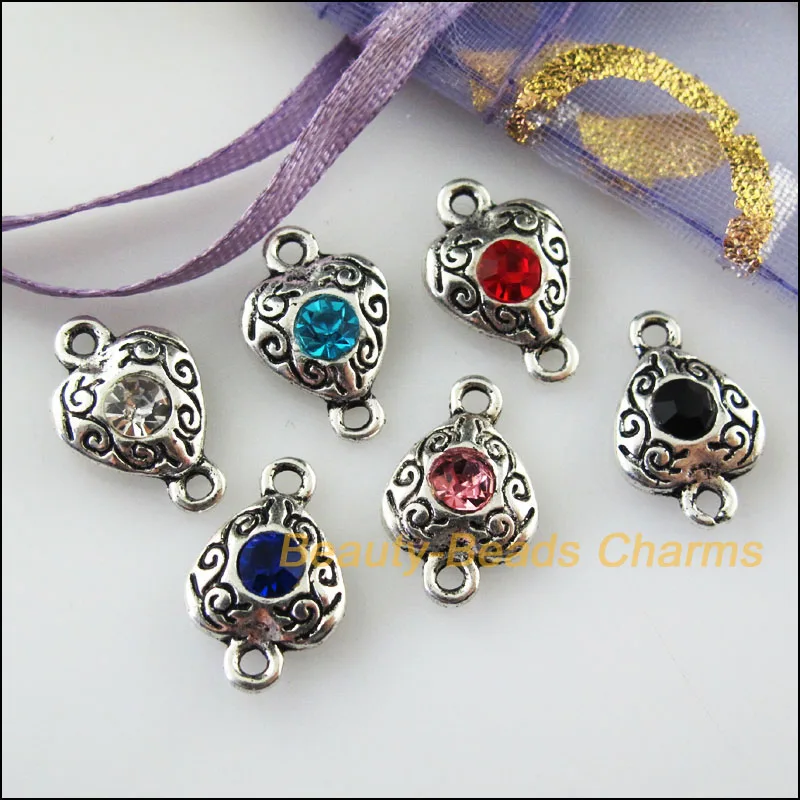 

New 12Pcs Tibetan Silver Glass Crystal Mixed Heart Charms Pendants 10x15mm