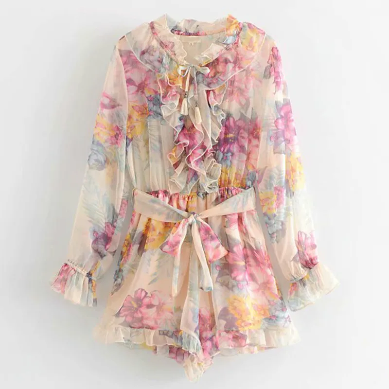 

2019 Boho Floral Print Holiday Summer rompers womens jumpsuit Lace Up Stand Collar Long Sleeve With Belt Ruffle Jumpsuit Short