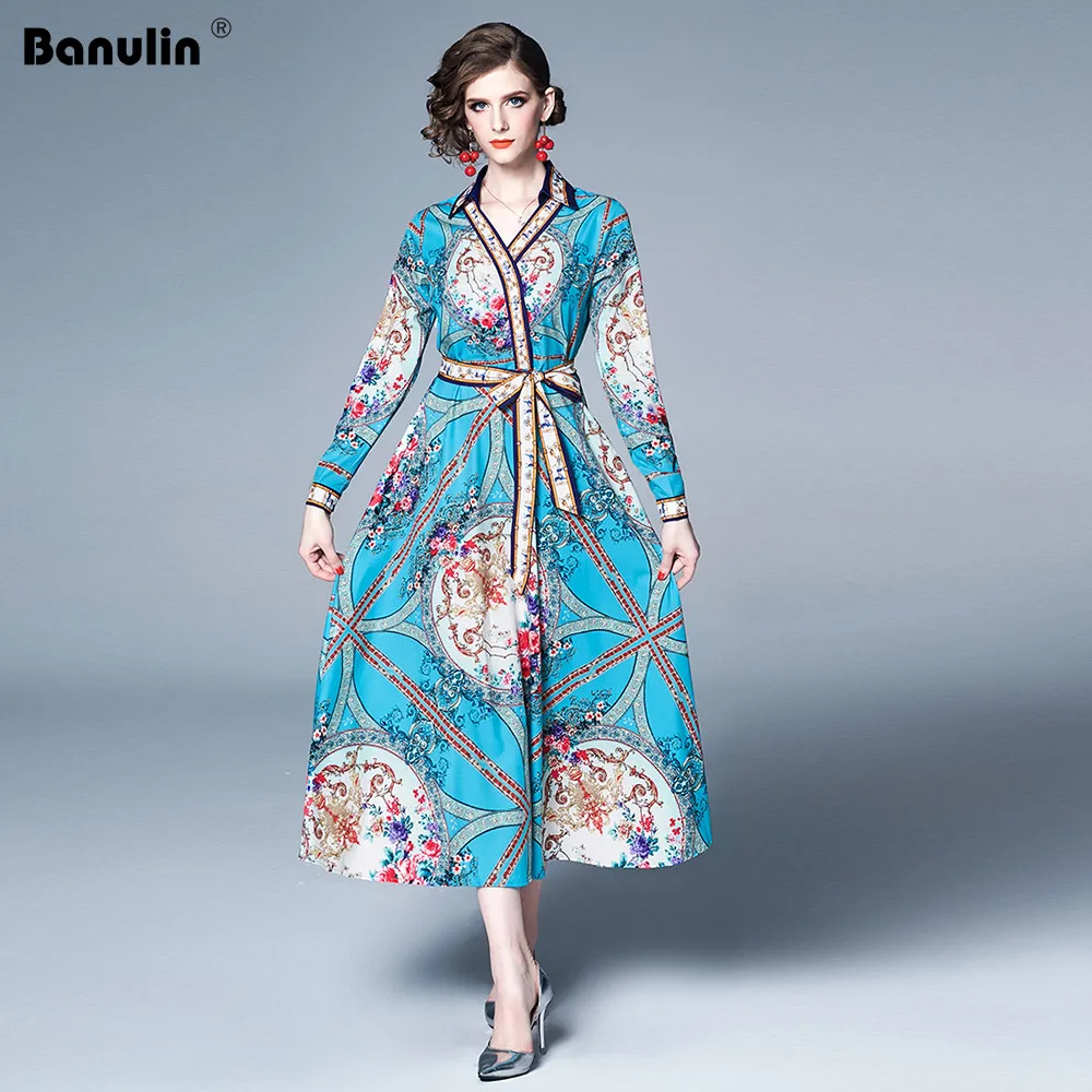 

Banulin Fashion Runway Summer Maxi Dress 2019 Women's Sexy V Neck Vintage Robe Flower Printed Vacation Holiday Long Dress