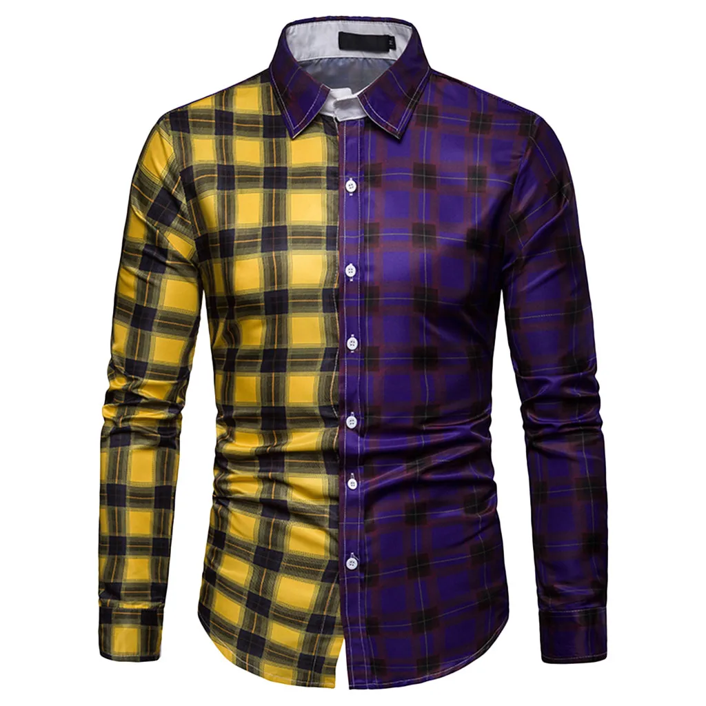 Клетчатая Лоскутная одежда для мужчин, приталенная Повседневная рубашка с длинным рукавом, топы больших размеров, Мужская модная элегантная блуза, рубашки/PT - Цвет: Фиолетовый