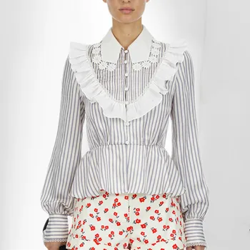 

Europe fashion spring summer new women sweet lace ruffles splice stripe shirt slim waist ladies elegant long sleeve blouse