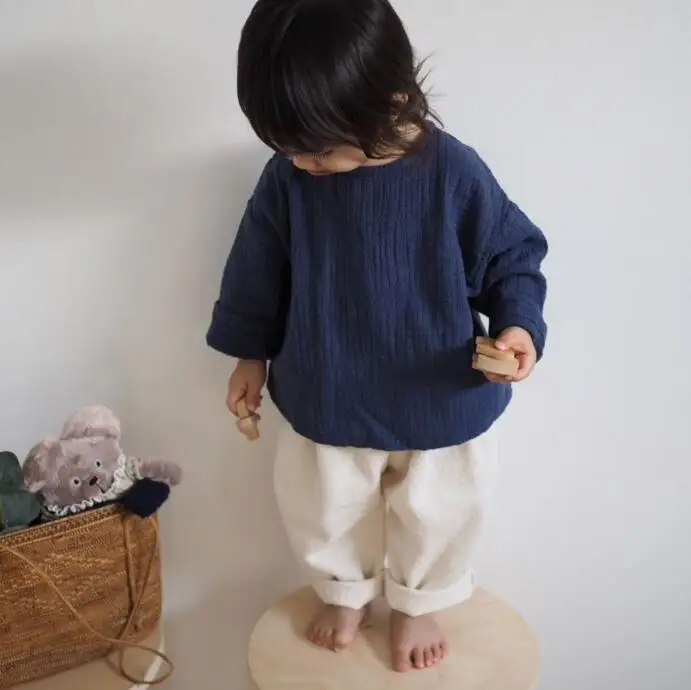 Японская Осенняя блузка для маленьких девочек и мальчиков, льняная одежда, модная повседневная детская одежда