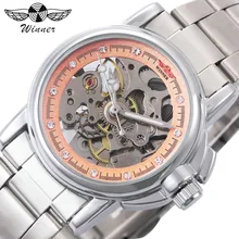 VENCEDOR Relógios Reais Rosa Das Mulheres Auto Mecânica Assistir Cinta De Metal Esqueleto Dial Cristal Decorado Moda Elegante Relógio de Pulso