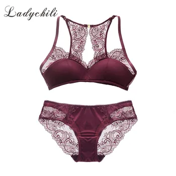 

Ladychili Women Intimates Wireless Sleep Bra and Panties Set Black Red Lace Hanging Neck Special Back Bra Underwear Suit WW26