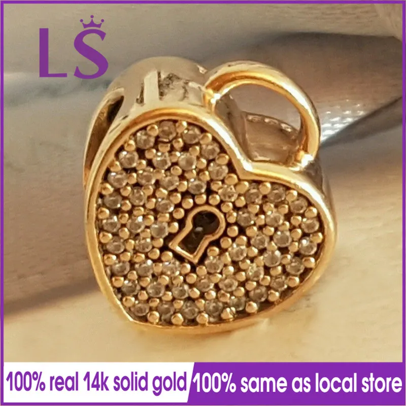 

LS New 100% 14&k Real&Solid Gold Heart Lock Padlock Charm Encantos Fit Original Bracelets Pulseira Berloque 100% Fine Jewelry N