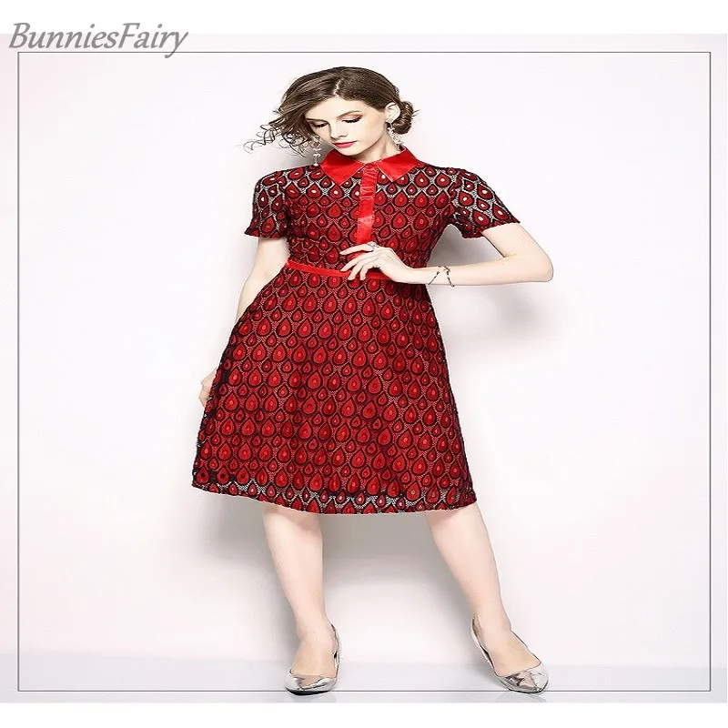 

2018 Summer New Arrival Short and Regular Sleeve Turn-Down Collar with Rain Drop Pattern Elegant Office Lady Style Dress