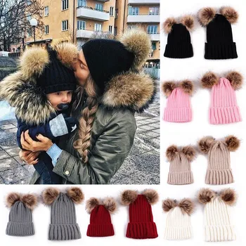 

2PCS Mom And Baby Newborn Baby Hats for Girls Knit wool Pom Bobble Hat Kids Girls Boys Winter Warm Beanie Cap lowest price zk