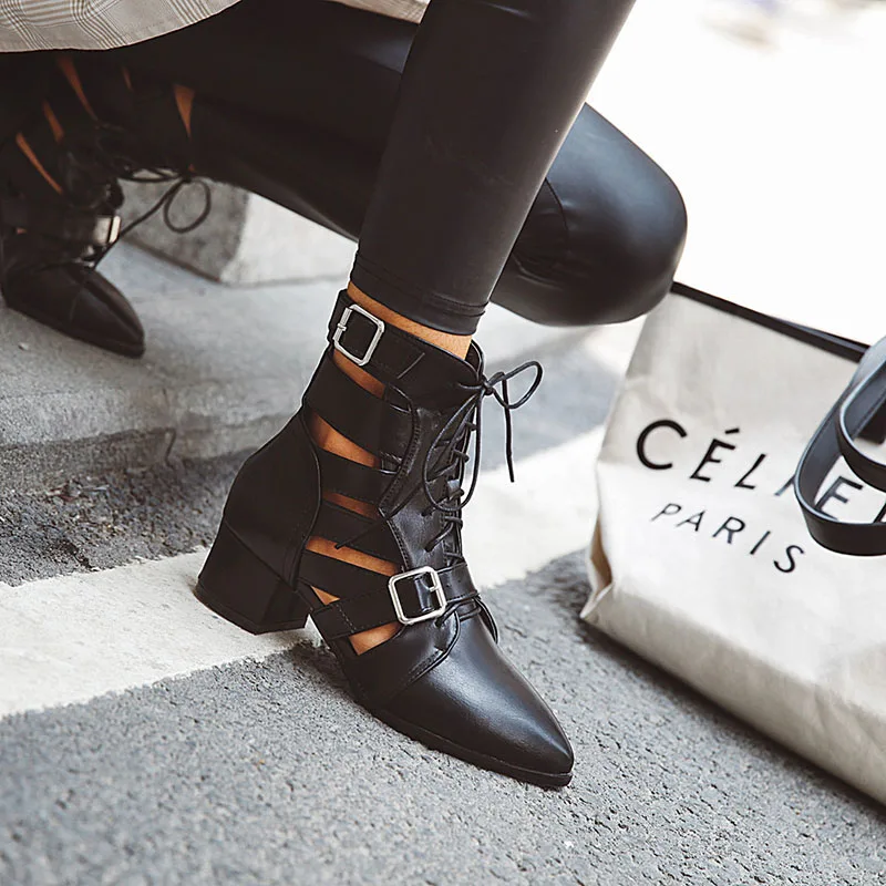 

Women Buckle Ankle Boots Hollow Out Chunky High Heel Shoes Woman Straps Summer Boots Women Platform Pumps Lace-up Ladies Shoes