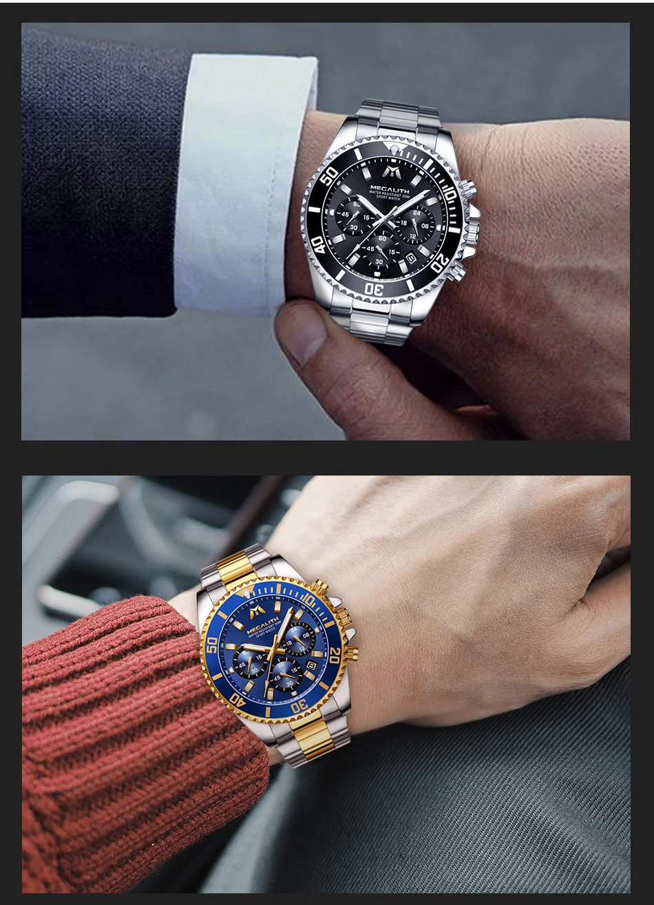 Модные роскошные часы MEGALITH, полностью Стальные наручные часы, повседневные спортивные часы с хронографом и датой, водонепроницаемые аналоговые кварцевые часы для мужчин