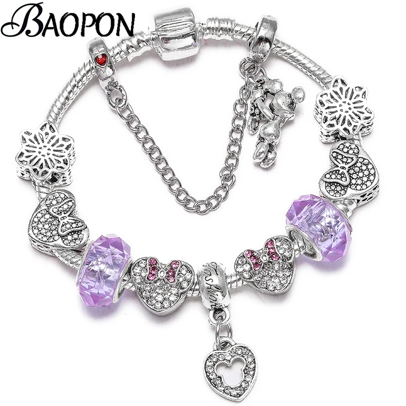 

BAOPON Authentic Silver Color Minnie Charm Bracelets With Cartoon Minnie Beads Fine Bracelets As Women Kids Birthday Jewelry