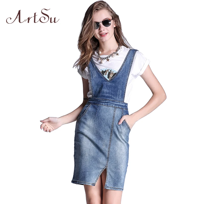 

ArtSu Denim Skirt Women Denim Overalls Spring Casual Straight Jeans Jumpsuit Elegant One Piece Fashion Rompers Female ASSK50011