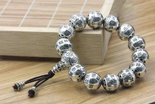 JINSE Buddha Jewelry S925 Thai Silver Bracelet Archaize Style Bracelet Heart Sutra 12mm Beaded Bracelet Couples Personality Gift