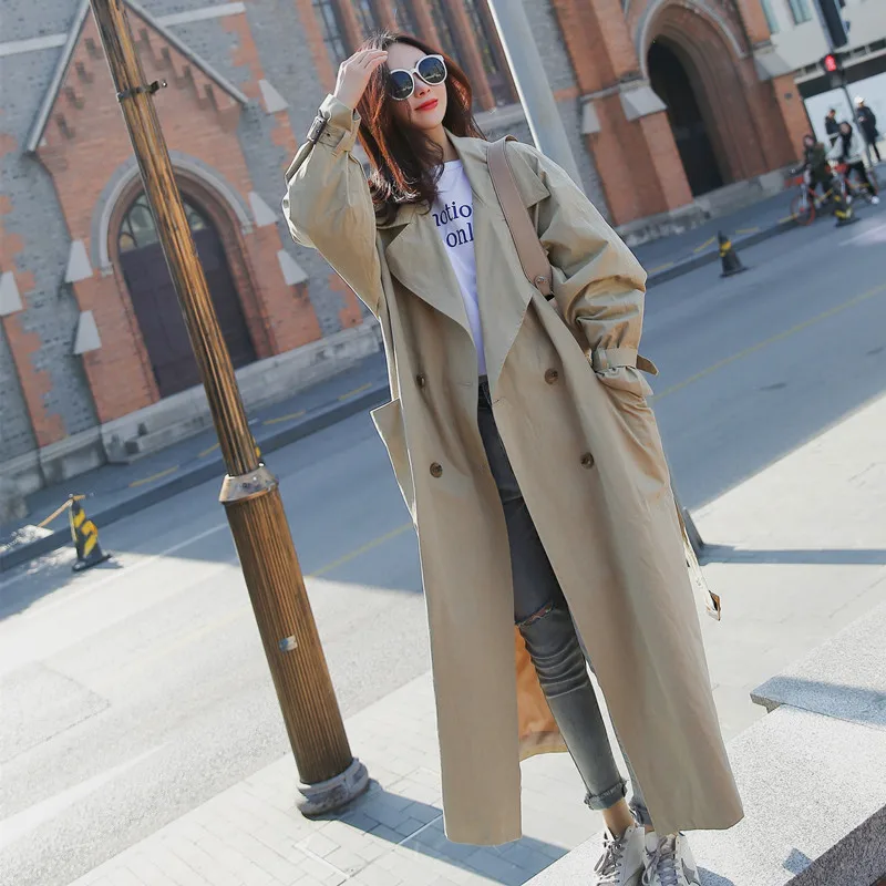 

Trench Coat Famme 2019 Spring new split double-breasted Korean bandwidth long loose lapel windbreaker female Coat Autumn V612