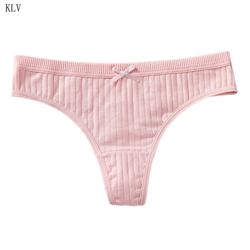 Women Sexy Low Rise Cotton G-String Lingerie Plain Solid Color Bowknot Panties Thong Thread Ribbed Striped Underwear Briefs - Цвет: Золотой