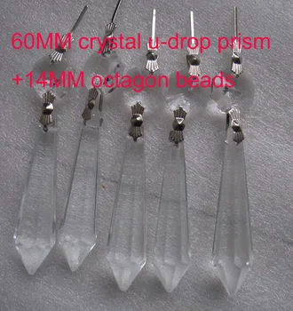 

100pcs /lot 60mm crystal u-drop prism + octagon beads with metal hook for crystal lamp chandelier parts