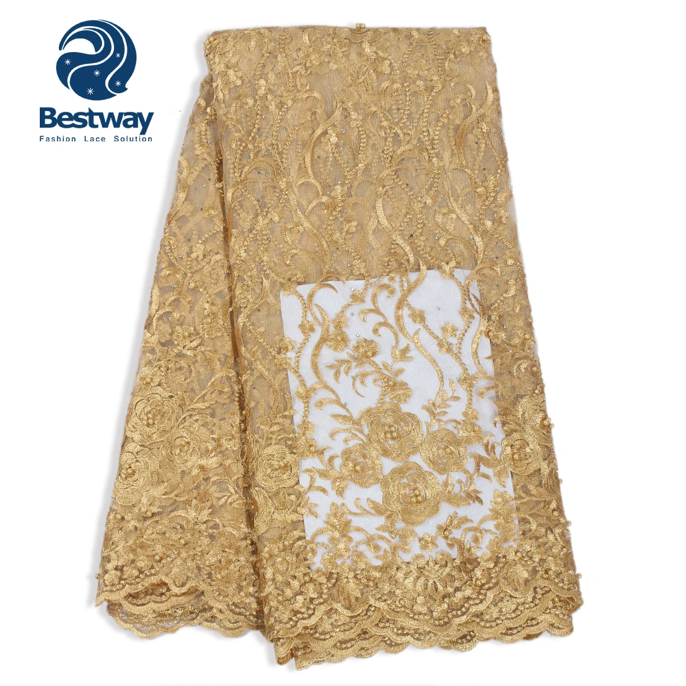 

Bestway 3D Beads Fabric Lace Chiffon Tulle French Rhinestones Plain Embroidery Flowers Gold Lace For Women's Party Cloths Laces