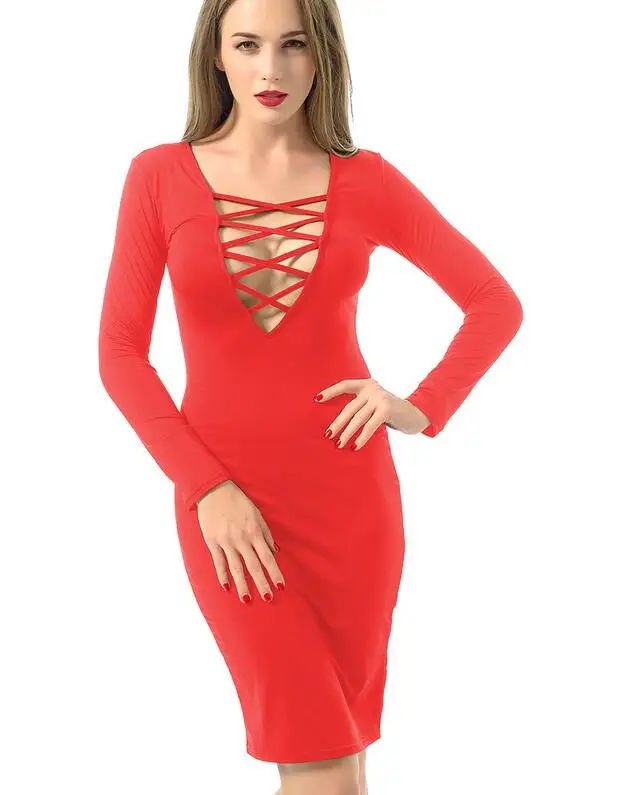 Черное, красное женское платье с глубоким v-образным вырезом с перекрещивающимися лямками спереди с длинным рукавом облегающее Бандажное платье цельное Клубное платье S-XXL - Цвет: Красный