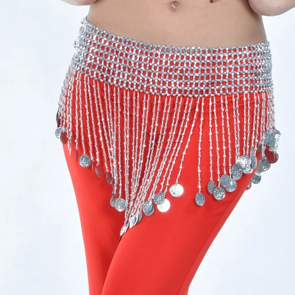 Women Bellydance Clothes Tassel Hip Scarf Belly Dance Elastic Wrapped Belt with Gold/silver Beaded Fringes Silver coins beads