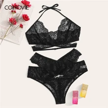 COLROVIE размера плюс, черный кружевной комплект нижнего белья с бретельками, женское нижнее белье,, летний сексуальный бюстгальтер и трусики, Женский комплект нижнего белья