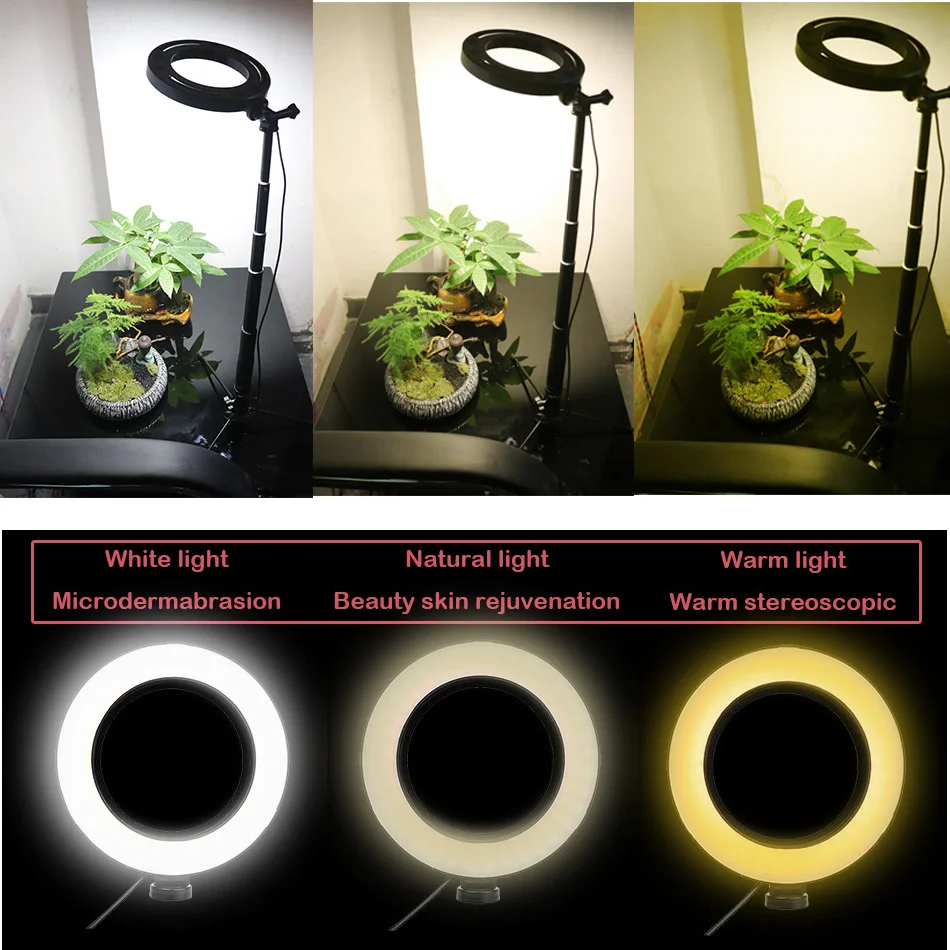 Светодиодный кольцевой светильник с регулируемой яркостью для селфи, видео, видео, фото, студийный светильник, светильник для фотосъемки, с держателем для телефона, usb-разъем для штатива