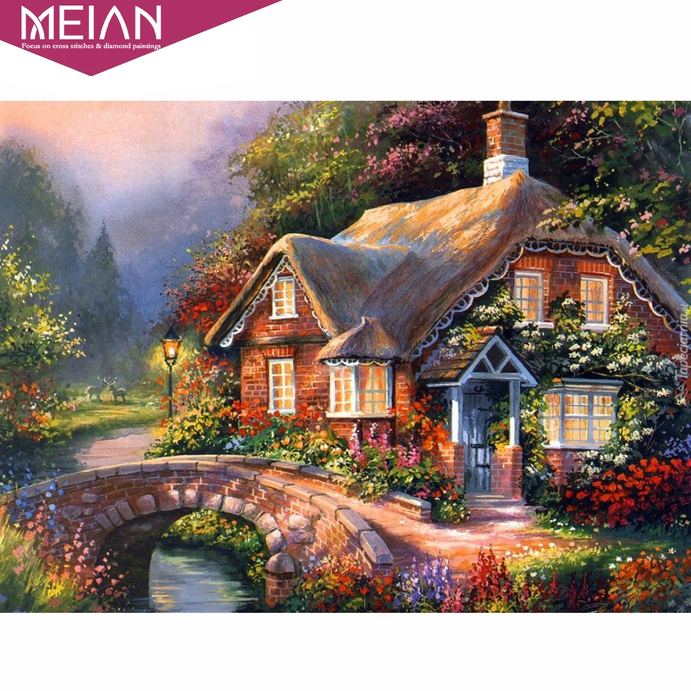 

Meian 5D Round Diamond Pattern Village House Diamond Embroidery Diy Needlework Diamond Painting Cross Stitch Full Rhinestones