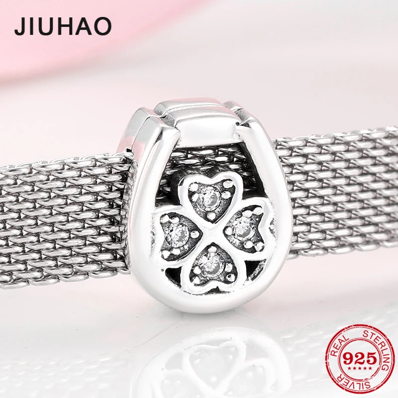 

Romantic 925 Sterling Silver Four-leaf clover U shape Clips Beads fit Original reflection Charm Bracelet Jewelry making 2019