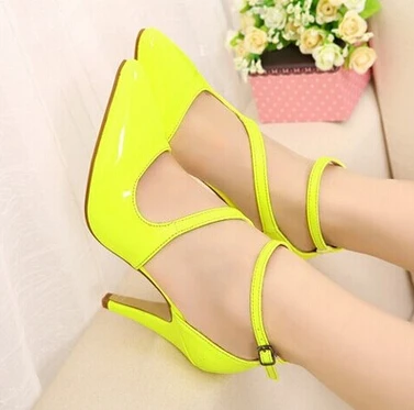 women Shoes pointed fluorescent patent leather s with a word with hollow high-heeled hollow with the new sexy sandals