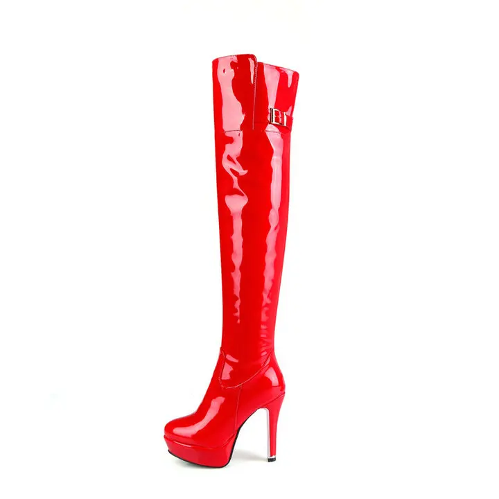 Пикантные сапоги до бедра из лакированной кожи на высоком каблуке; зимние женские сапоги выше колена; большие размеры; обувь на платформе и молнии; цвет красный, черный