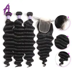 Свободные глубокая волна Связки с синтетическое закрытие волос перуанские пучки волос с синтетическое закрытие 3/4 шт. Remy человеческие