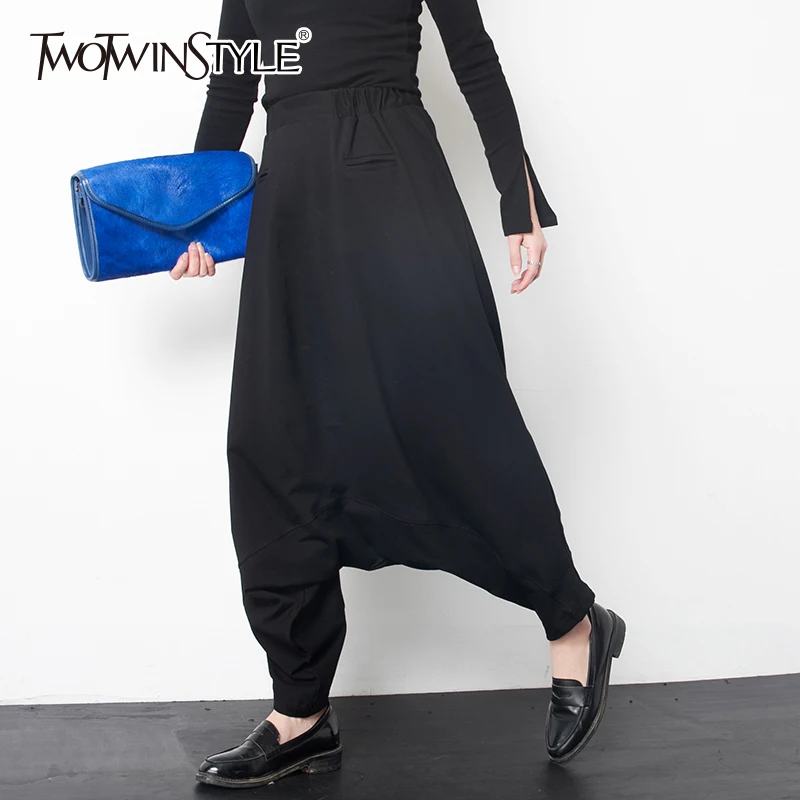 

TWOTWINSTYLE Spring Harem Pants Female Elastic High Waist Patchwork Pocket Long Trousers 2019 Fashion Casual Clothing