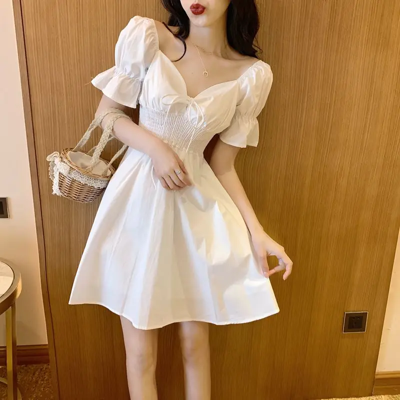 

Summer dress solid dress women V- collar lace up party dress elegant korean clothes 2019 vestidos G422