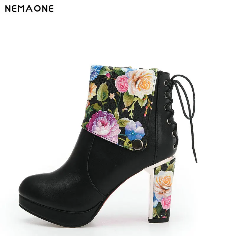 

NEMAONE New high heels flower ankle ladies boots woman lace up party wedding shoes spring autumn women boots large size 43