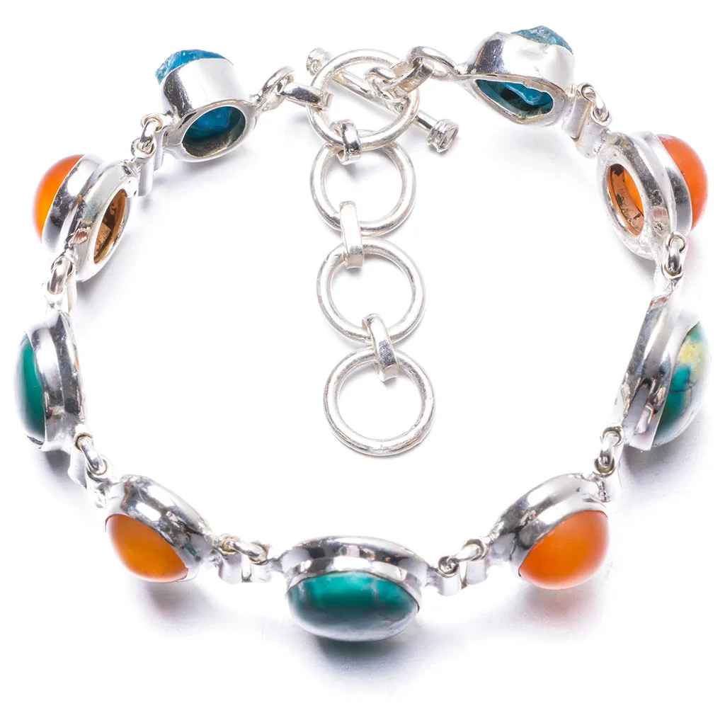 

Natural Turquoise,Apatite and Carnelian Handmade Unique 925 Sterling Silver Bracelet 6 1/4-7 1/4" Y1934