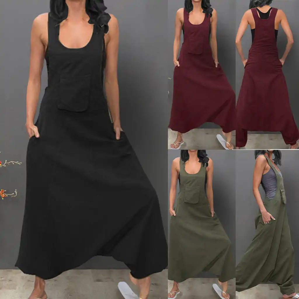 cotton and linen casual style suspender pocket jumpsuit