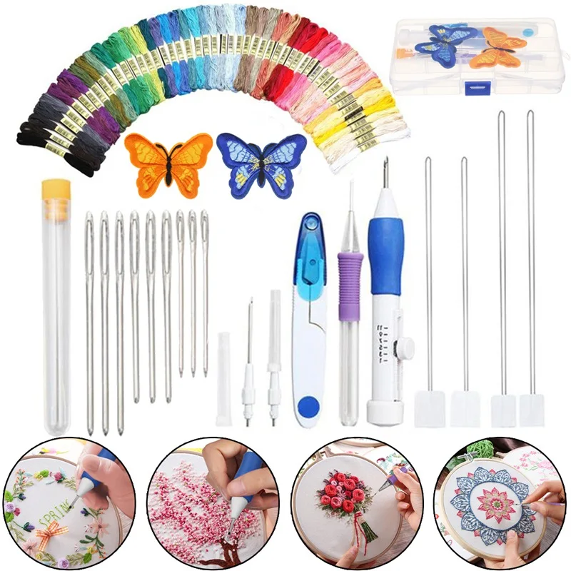 

KiWarm Magic DIY Embroidery Pen Knitting Sewing Tool Kit Punch Needle Set w/50 Threads Plastic+Steel Home Decoration Ornaments