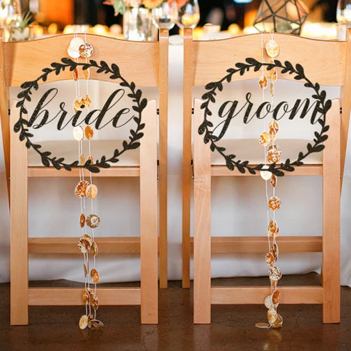 

Acrylic bride and groom chair sign Garland shape wedding chair sign Lawn wedding garden wedding table decor