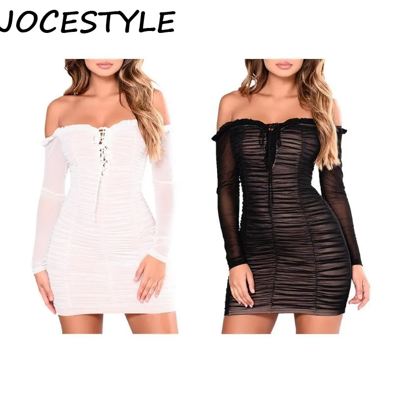 

Sexy Bodycon Off Shoulder Lace-up Club Mini Hip-wrapped Dress see through Night Club High Waist Perspective Clothes