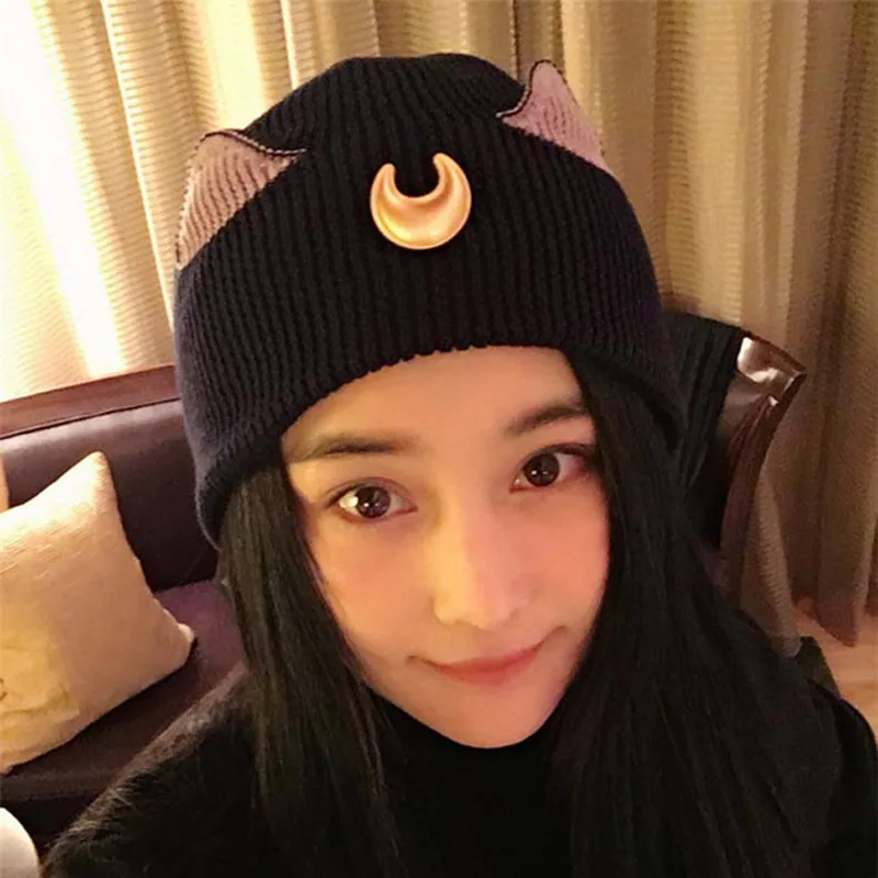 

Female winter cat ear wool hat crescent sailor cartoon set knitted cap