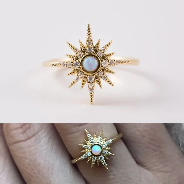 new design Valentine gift sun burst north star charm rings pave clear cz opal delicate minimal fashion women lady jewelry