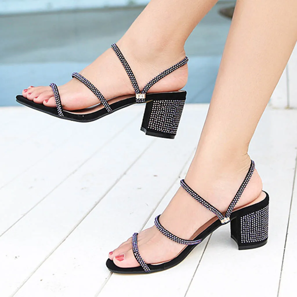 

modis Two Wear Square heel Sandals zapatos mujer tacon alto Bling Rhinestone Narrow Band Women's sandals Versatile female shoes