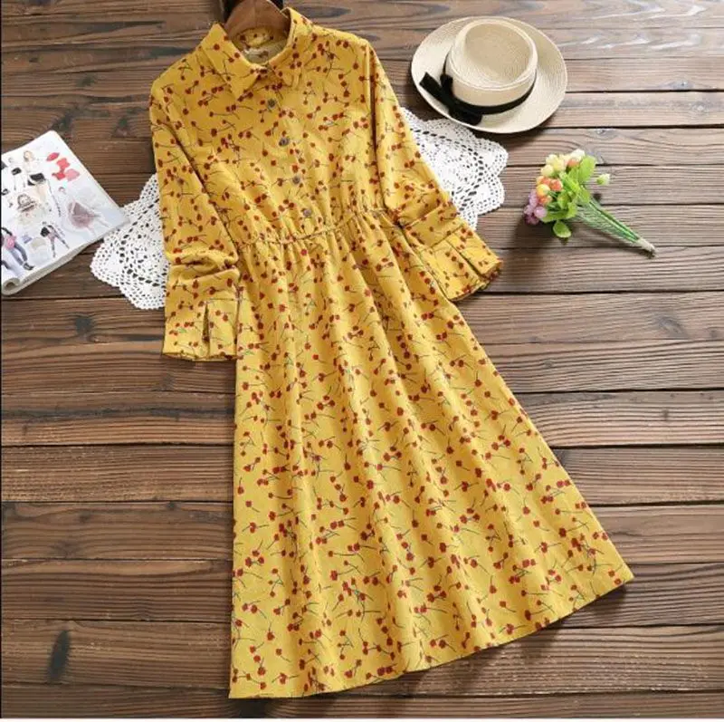 

Spring Autumn Elegant Corduroy Dress Turn-down Collar Printed Long Sleeve Vintage Sweet Casual Loose-Waisted Dress M-2XL AC500