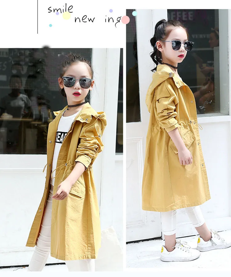 2 colors hooded long jackets for girls outerwear & coats clothing children long sleeve pockets kids trench coat autumn 2017 tops 4 5 6 7 8 9 10 11 12 13 14 15 16 Years old little big girls pink khaki long hooded coats clothes (11)
