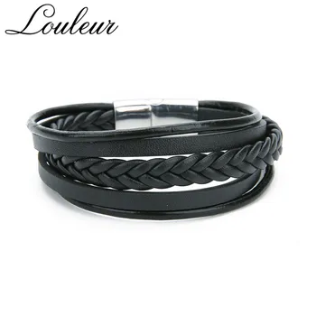 

Louleur Wholesale Classic Braid Genuine Leather Bracelet For Men Charm Multilayer Stainless Steel Magnet Handmade Jewelry Gift