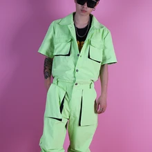 Для мужчин летние шорты рукавом Multi накладные карманы комбинезоны мужской уличной хип-хоп модные комбинезоны брюки певица танцевальный сценический одежда